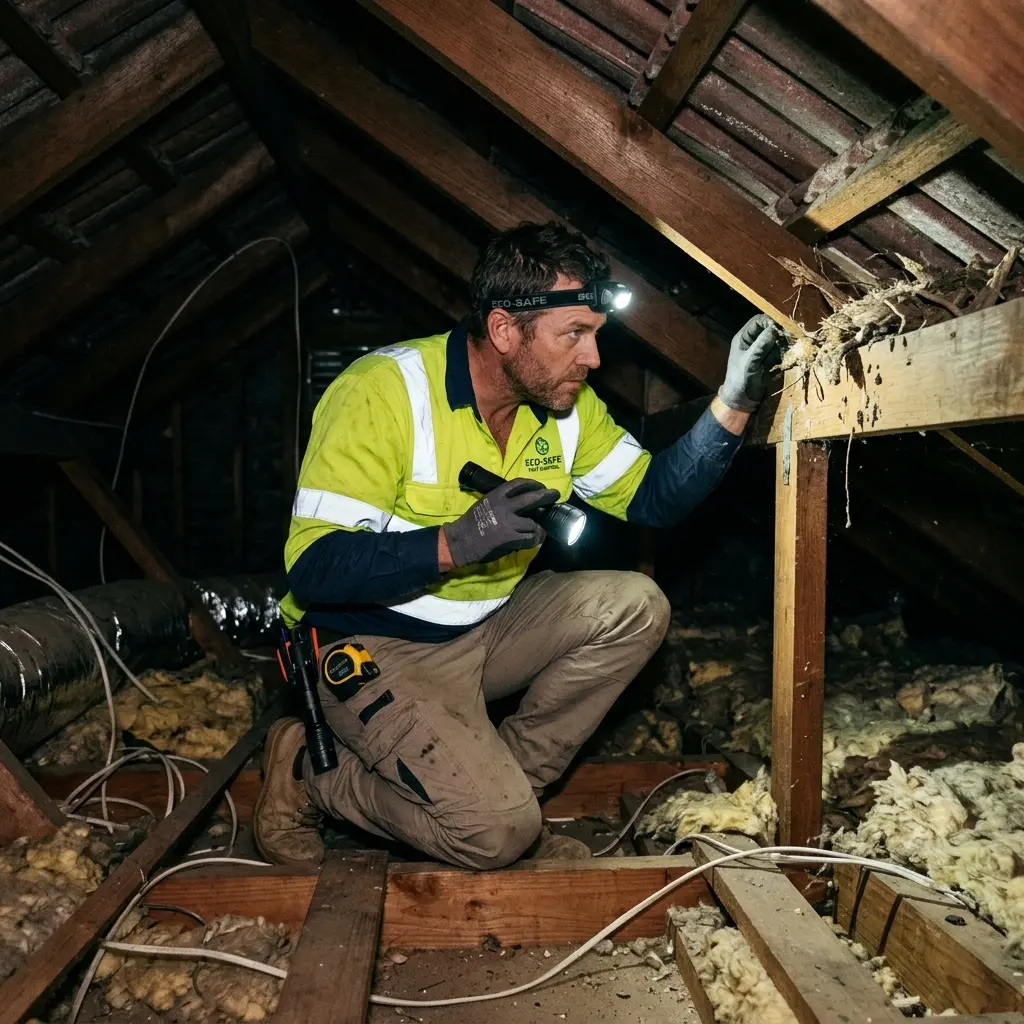 Technician inspecting a roof cavity for a dead animal in Attwood