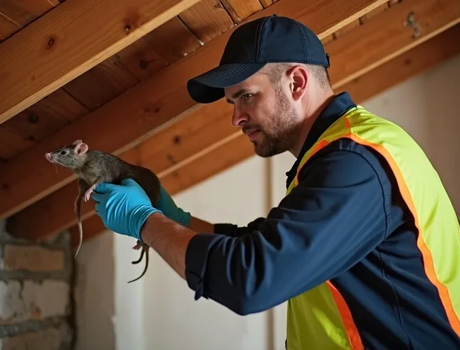 Technician inspecting a roof cavity for a dead rat in Attwood